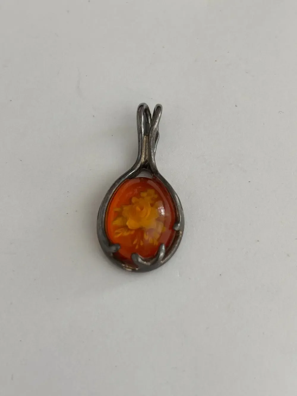 Vintage Sterling Silver Reverse Carved Amber Pendant Rose Whimsical
